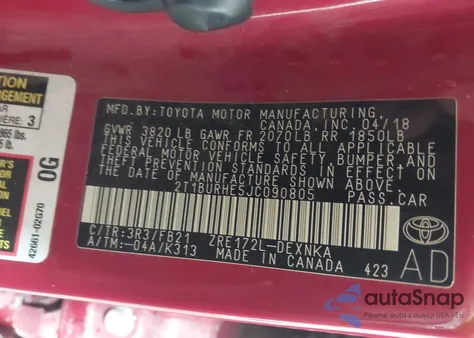 2018 Toyota Corolla Le из США, поврежденный, VIN 2T1BURHE5JC090805